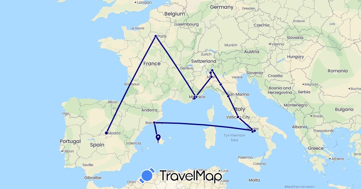 TravelMap itinerary: driving in Spain, France, Italy, Monaco, Vatican City (Europe)